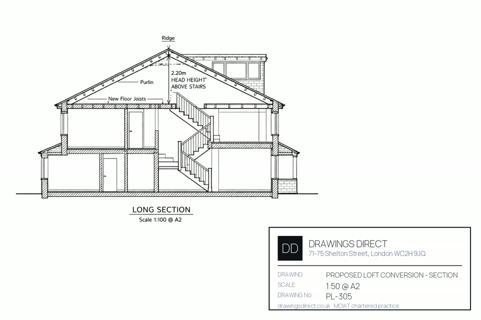 Cross-section through a London loft conversion showing head height, dormer position, floor build-up and stair rise