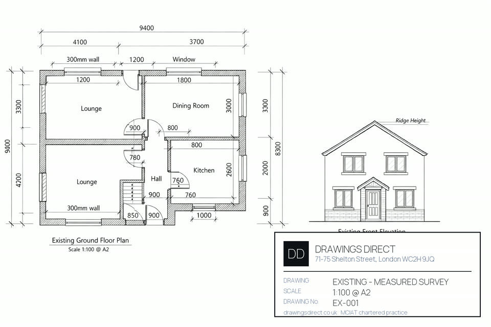 Sheet from a measured building survey package drawn for a London home, showing the existing and proposed arrangement at scale with dimensions and annotations