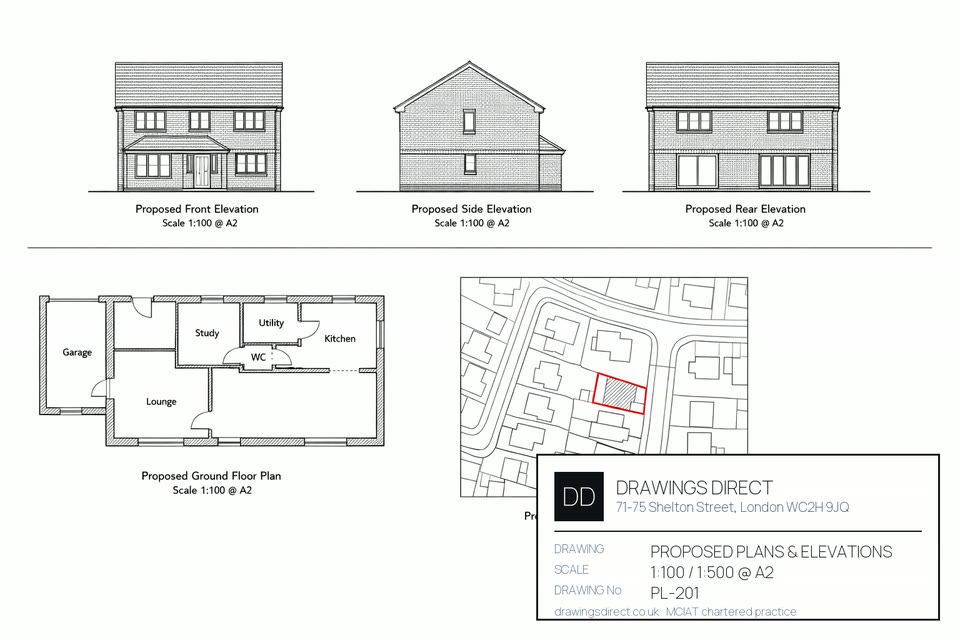 Planning submission sheet for a London home, laying out the site location plan, block plan and proposed elevations on one council-ready drawing