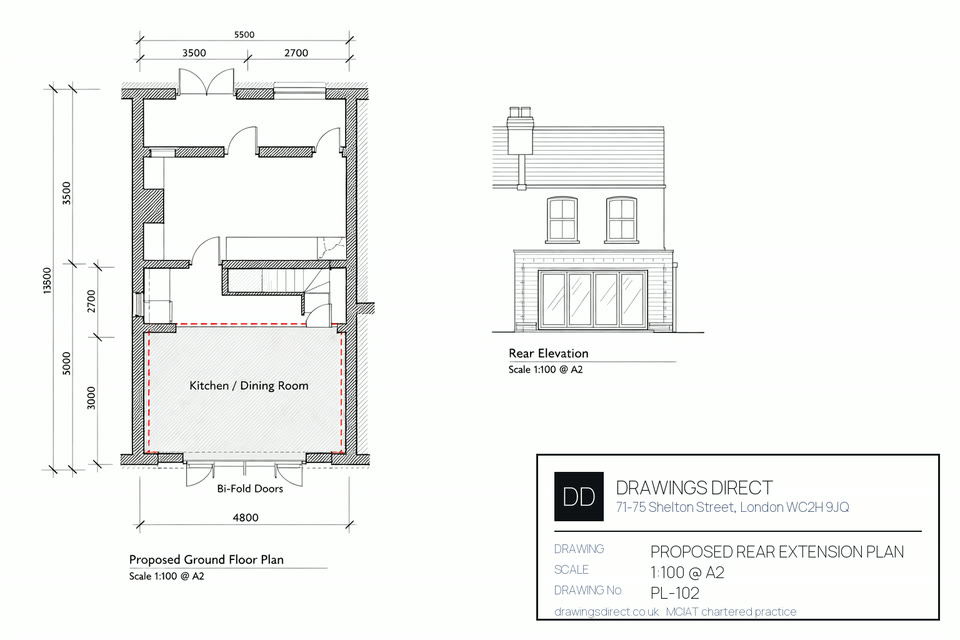 Existing and proposed sections through a single-storey rear extension on a London terraced house, dimensioned and annotated